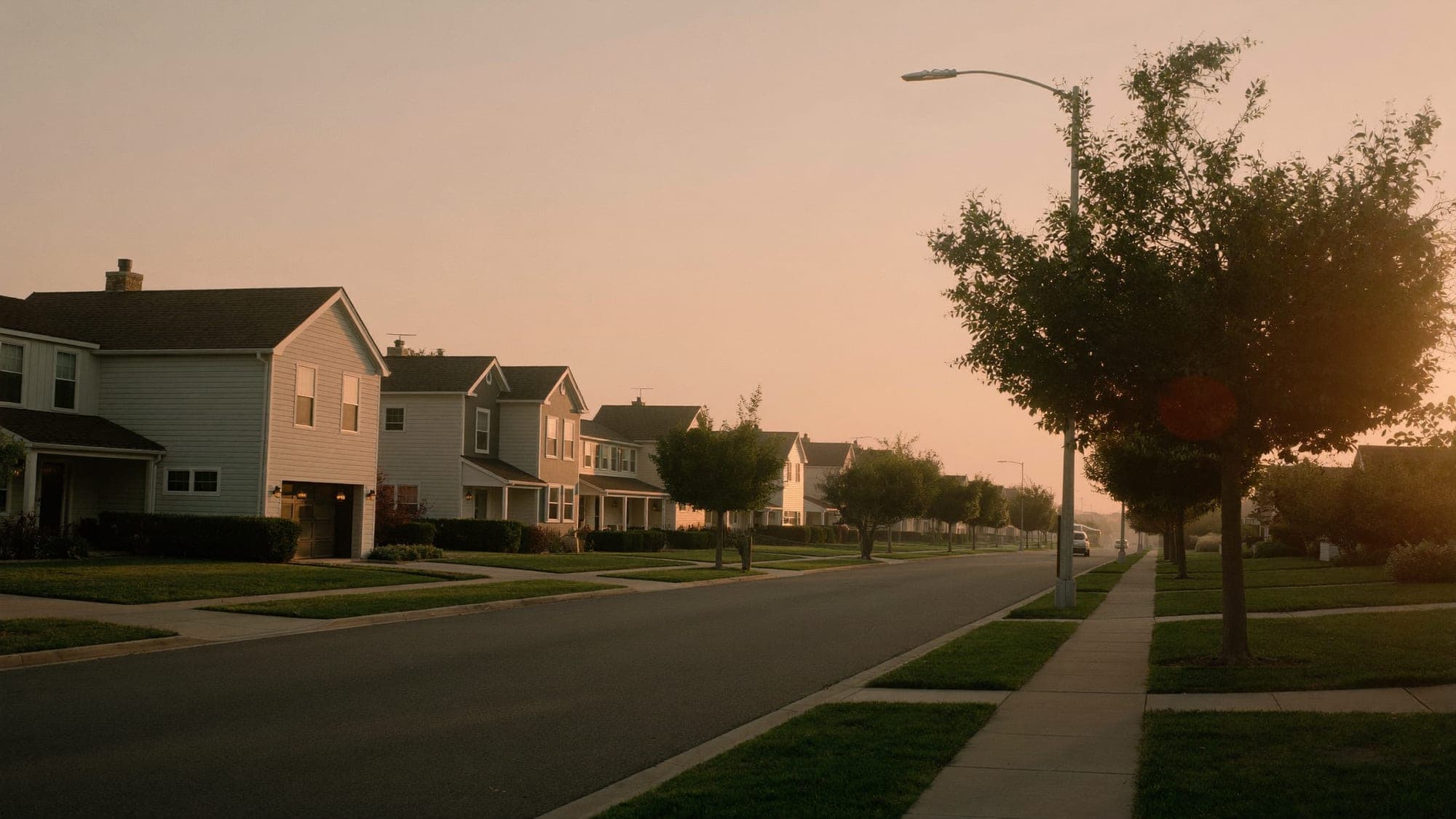 A warm suburban neighborhood street at golden hour