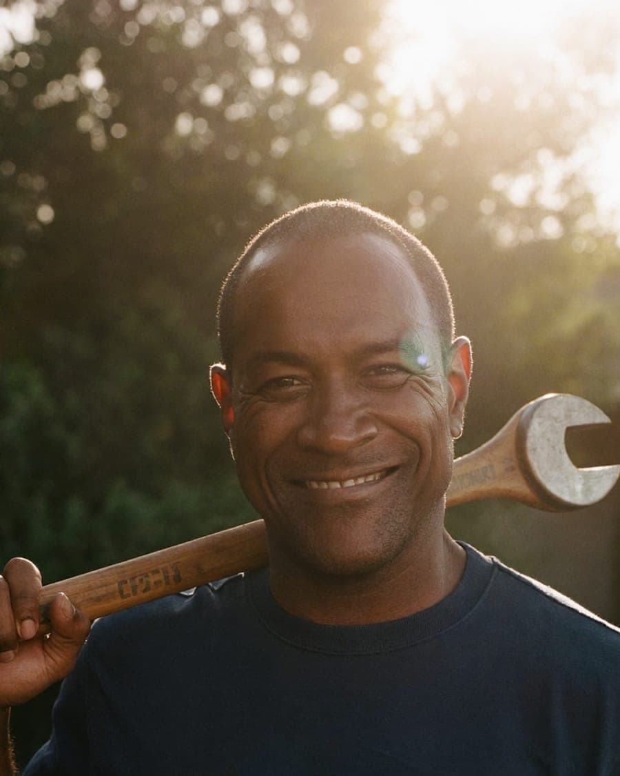 A plumber resting a wrench on his shoulder at golden hour